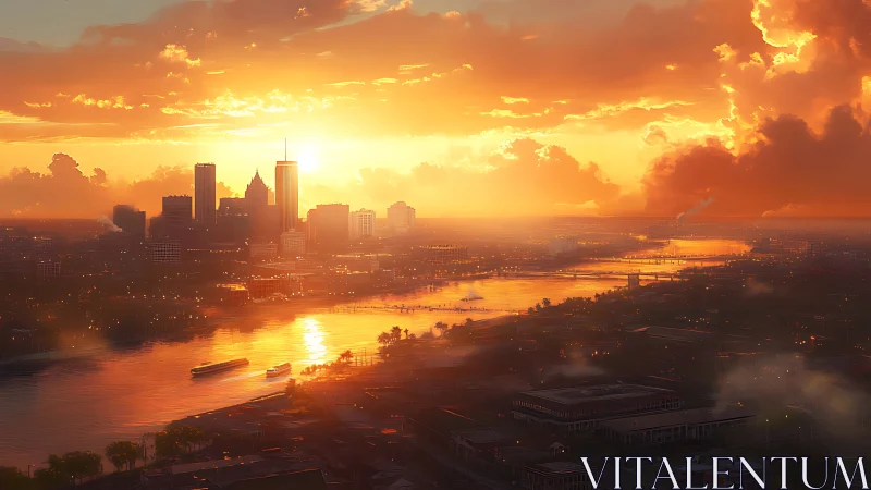 Riverside skyscrapers drink molten sunlight at stormy dusk