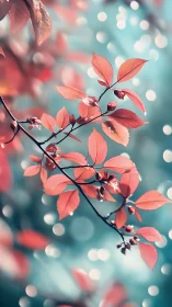 Shallow depth of field isolates coral leaves against teal bokeh