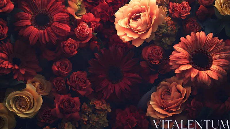 Red and Gold Floral Arrangement with Roses and Daisies.