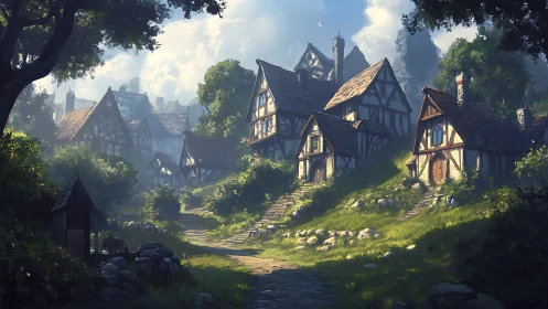 Sunlit medieval village nestles in a tranquil forest valley