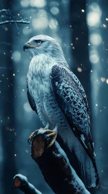 Snowlit raptor perched on frosty branch in blue-toned forest