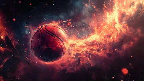 Basketball surrounded by fiery cosmic energy trail.