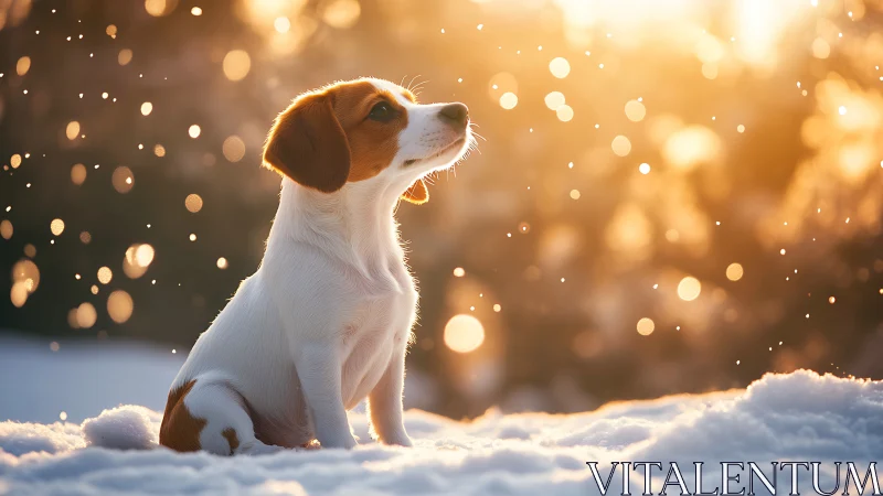 Golden winter light gently surrounds a curious snow puppy