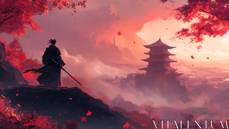 Lone samurai overlooks misty pagoda at red autumn sunset.