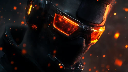 Futuristic warrior with glowing visor in drifting embers.