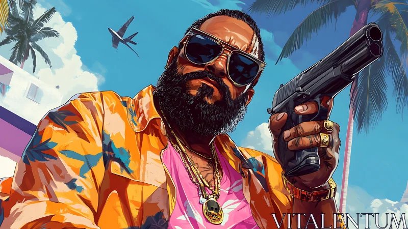 Digital painting of armed vacation kingpin in neon tropics.