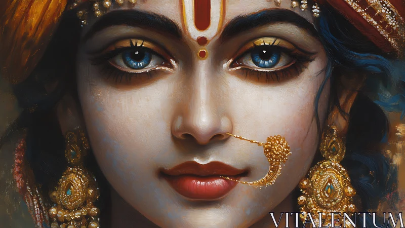 Gilded gaze of a divine woman in jeweled splendor.