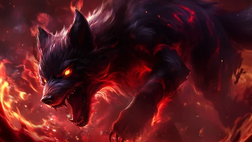 Fiery black wolf with glowing eyes in dynamic motion.