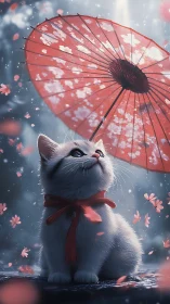 White Kitten's Crimson Umbrella Dance in Flowering Rain