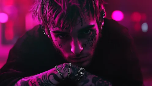 Tattooed young man in neon pink cyberpunk lighting.