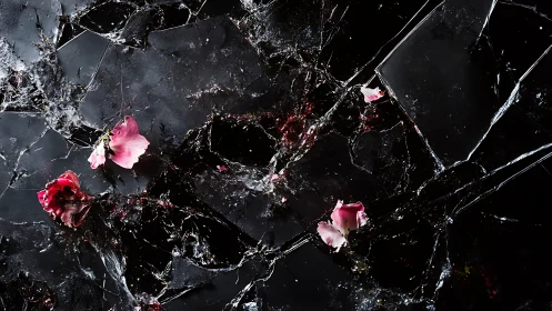 Shattered glass surface with scattered pink petals in high contrast