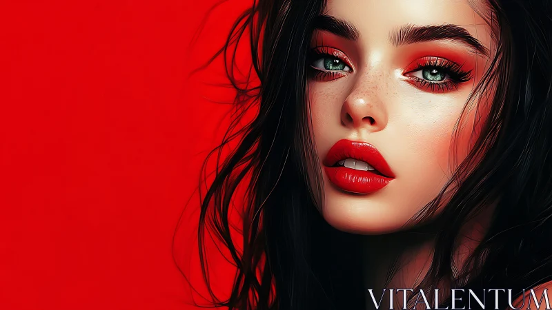 Crimson gaze portrait with glossy lips on vivid red field.