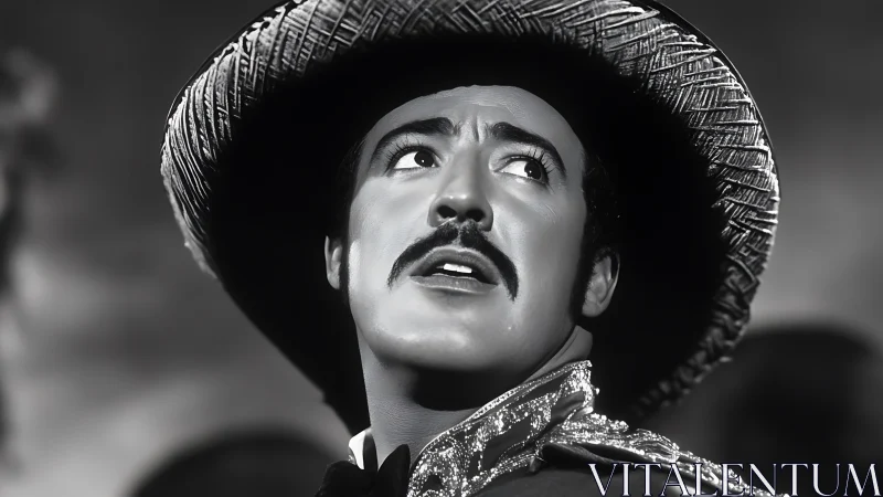 Black and white charro portrait with dramatic gaze.