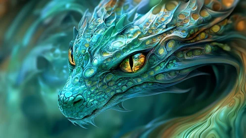 Gleaming turquoise dragon gazes ahead with wise golden eyes