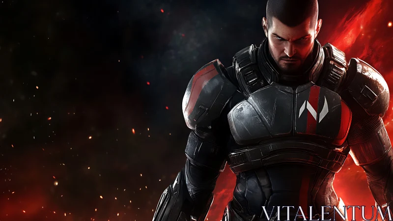 Stoic space warrior framed by drifting cosmic embers.