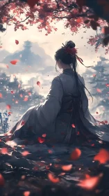 Woman in traditional robe under red blossoms overlooking city.