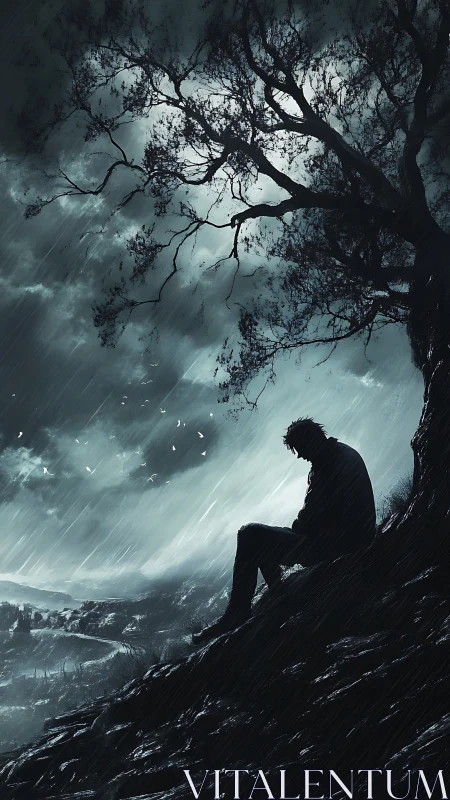 Silhouette on hillside under storm sky beside bare tree.