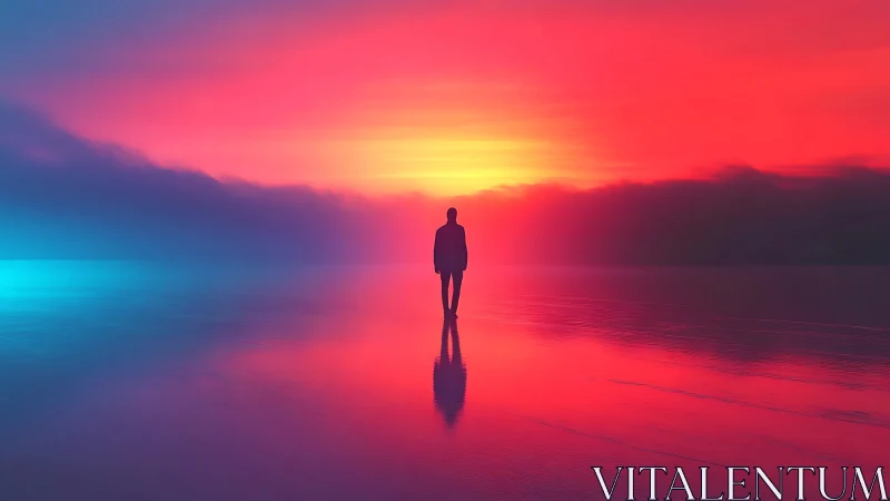 Solitary figure walks neon shoreline under radiant sunset.