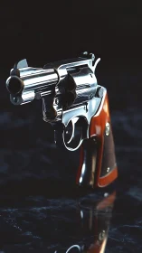 Polished chrome revolver with wooden grip on dark marble pedestal.