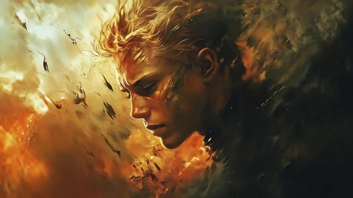 Fiery portrait of a pensive figure dissolving into swirling embers