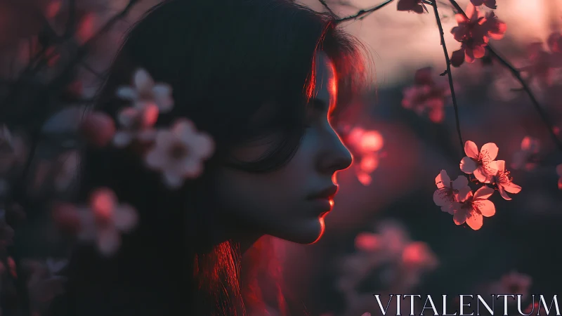 Side-lit female profile in dusk-toned blossoms explores chiaroscuro