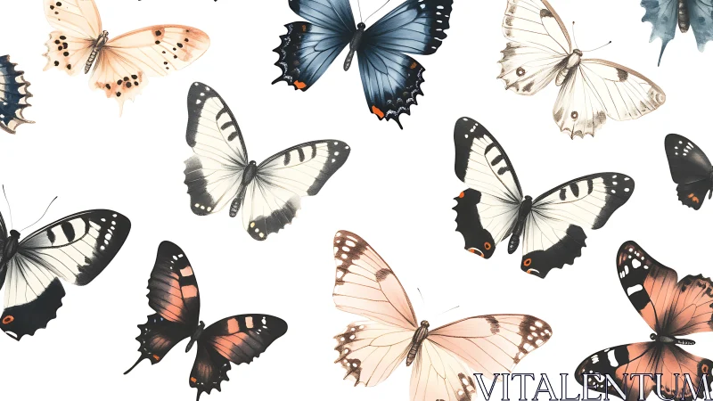 Delicate butterflies drift across a bright white background