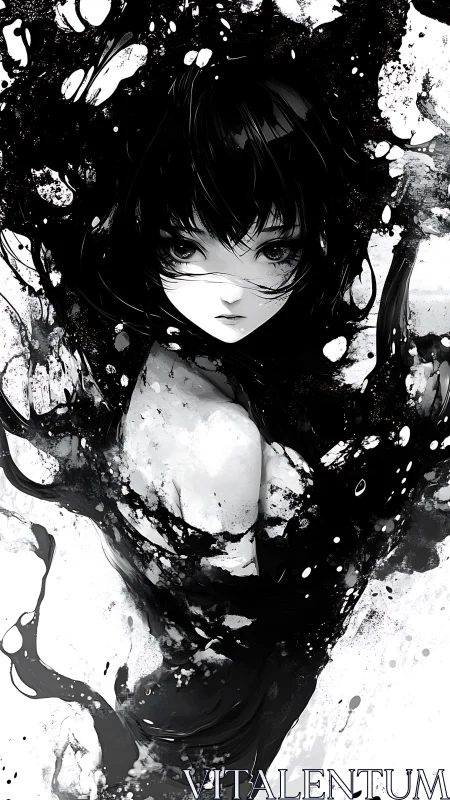 Ink-shrouded anime girl emerges from monochrome darkness.