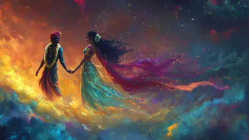 Celestial Embrace: Digital Fantasy Composition with Dynamic Chromatic Narrative.