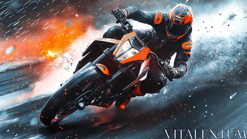 Motorcyclist carving apex in dynamic orange motion blur.