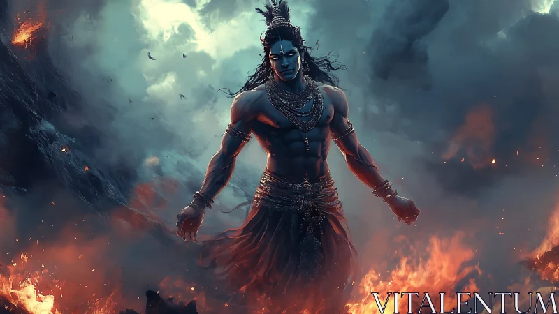 Mythic warrior deity strides through storm and fire scene.