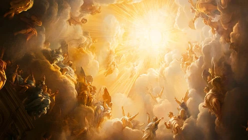 Baroque celestial ascension with radial luminous vanishing point.