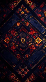 Geometric diamond grid shows layered red and gold abstract symbols