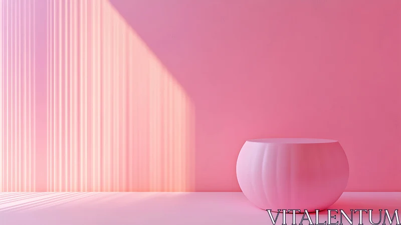 Monochrome pink pedestal in minimalist hard light interior.