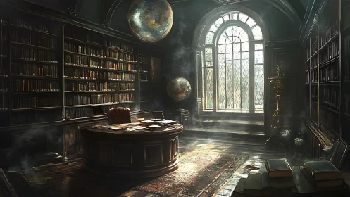 Moonlit scholar’s sanctuary in a dust-lit secret library.