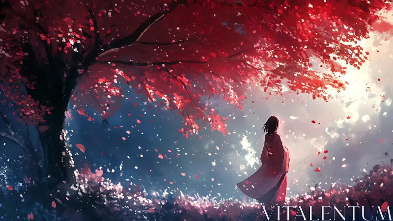 Solitary figure stands under blazing red blossom canopy