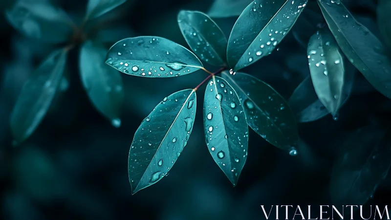 Moonlit raindrop leaves whisper in deep teal hush.