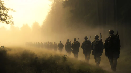 Soldiers advancing through misty forest trail at sunrise.
