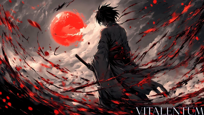 Lone samurai under blood-red moon amid swirling embers.
