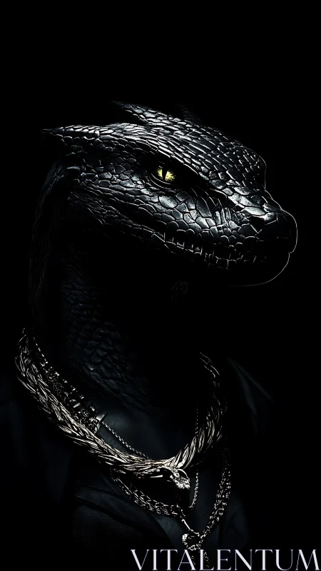 Midnight-scaled dragon dons chains and studies the dark