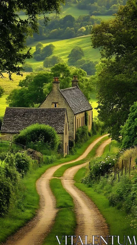 Country lane winding to stone cottage in lush valley light.
