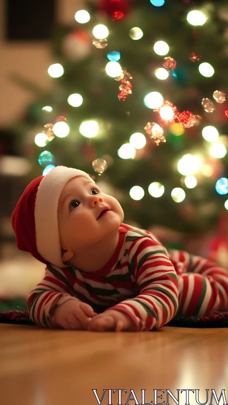 Portrait of infant in Christmas bokeh scene, shallow depth of field.
