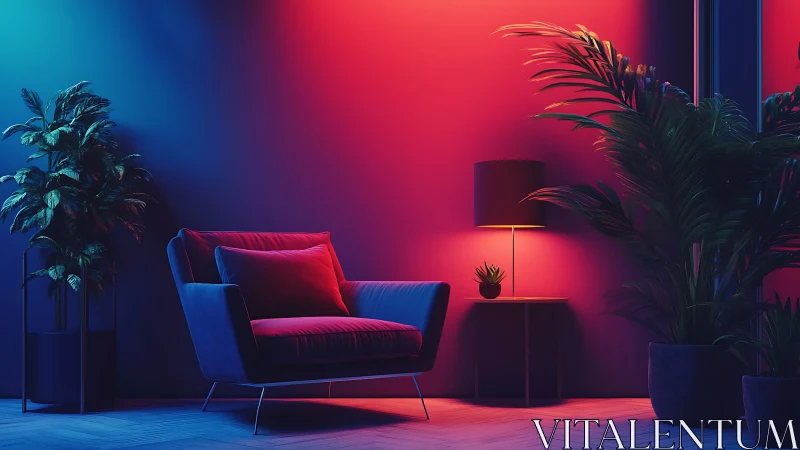 Neon lounge corner glows in cinematic blue and crimson hush.