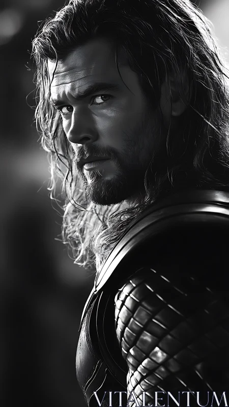 Brooding warrior portrait in stark monochrome armor light.