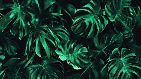 Emerald jungle canopy of glowing monstera leaves at dusk.