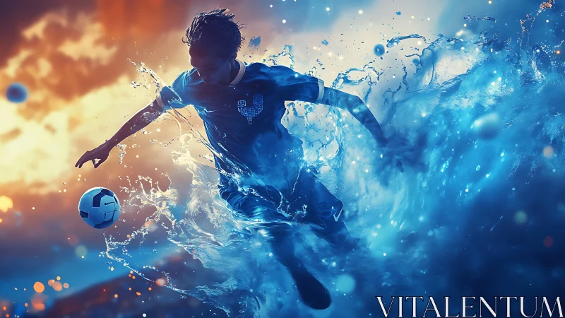 Dynamic soccer player dancing through waves of glowing water.