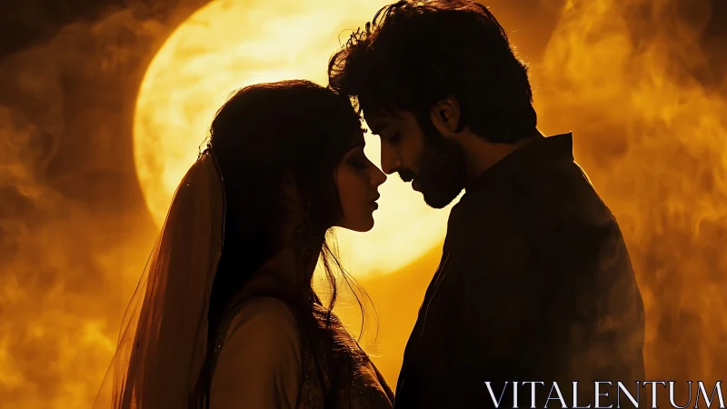 Silhouetted couple forehead contact against luminous celestial backdrop with backlighting