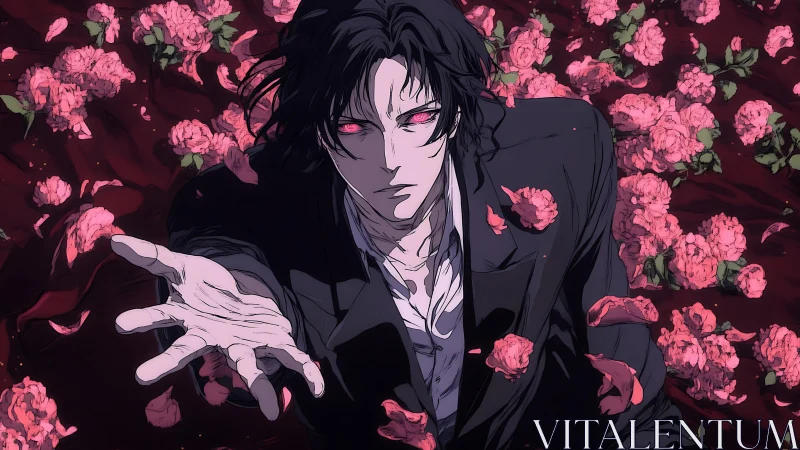 Dark-eyed stranger reaching through a storm of pink petals.