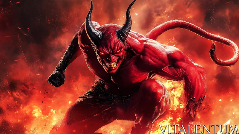 Horned red demon in fiery inferno environment. Period.