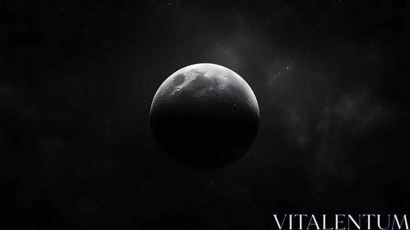 Half-lit cratered moon sphere floats in deep star field