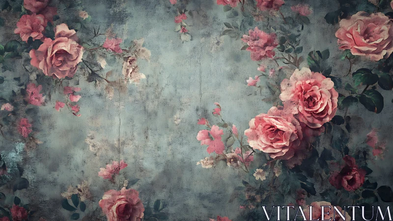 Vintage rose floral pattern on weathered blue background.